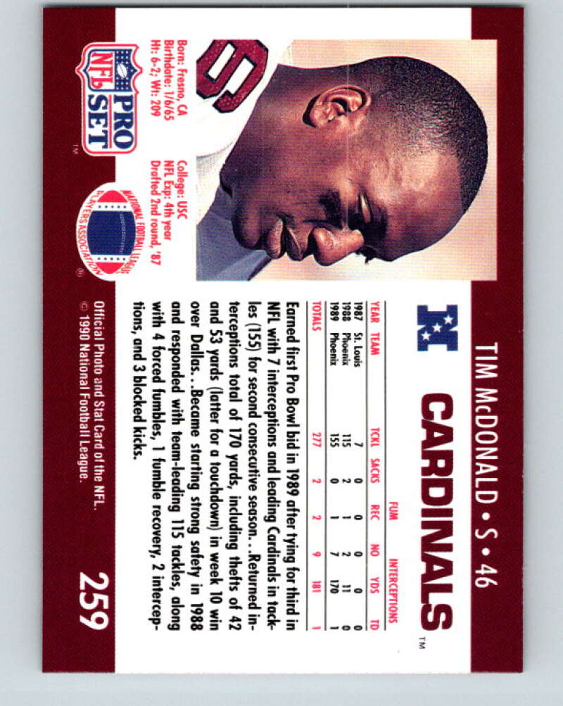1990 Pro Set #259 Tim McDonald Mint Phoenix Cardinals Image 2
