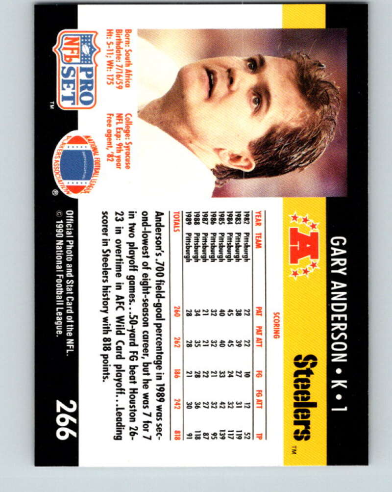 1990 Pro Set #266 Gary Anderson Mint Pittsburgh Steelers Image 2