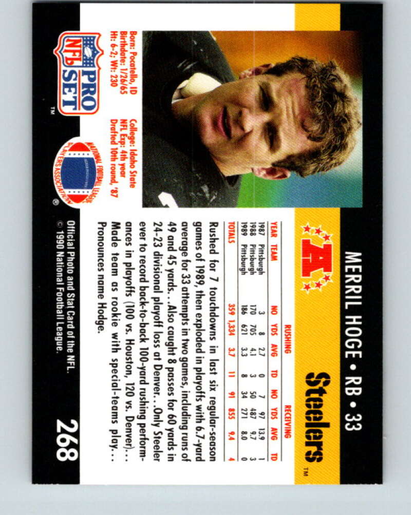1990 Pro Set #268 Merril Hoge Mint Pittsburgh Steelers Image 2