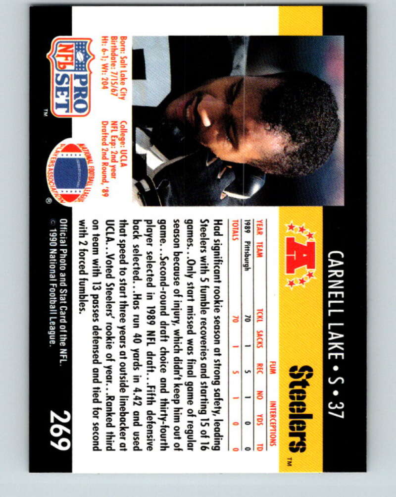 1990 Pro Set #269 Carnell Lake Mint Pittsburgh Steelers Image 2