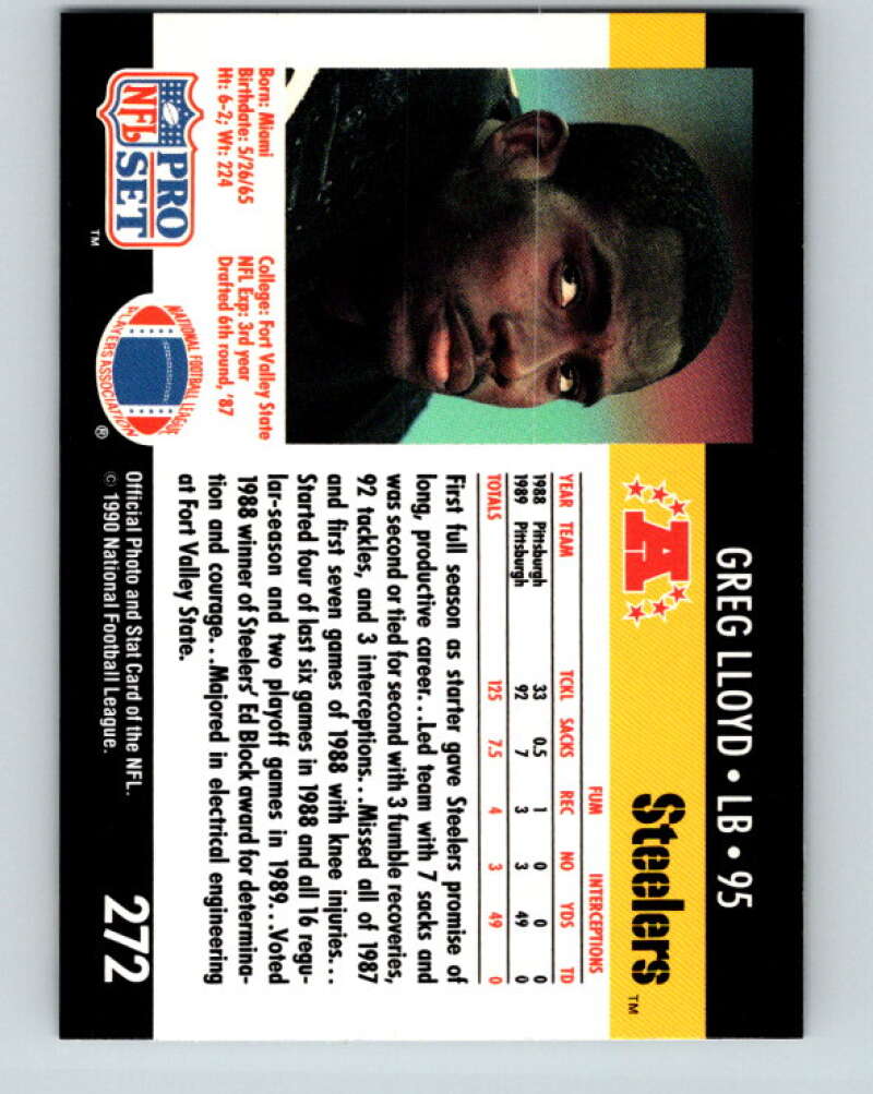 1990 Pro Set #272 Greg Lloyd Mint Pittsburgh Steelers Image 2