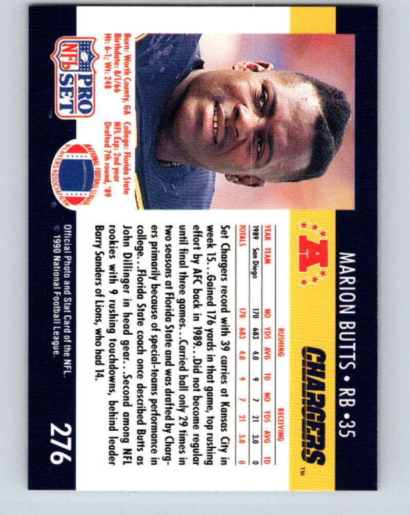 1990 Pro Set #276 Marion Butts Mint San Diego Chargers Image 2