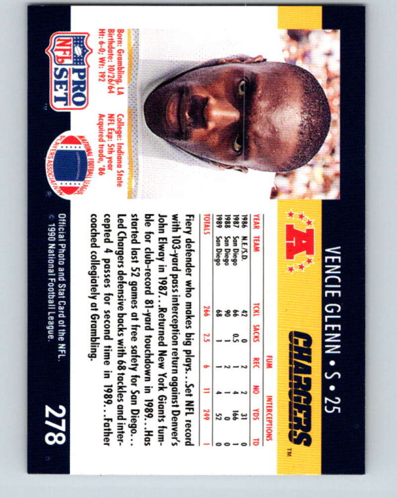 1990 Pro Set #278 Vencie Glenn Mint San Diego Chargers Image 2