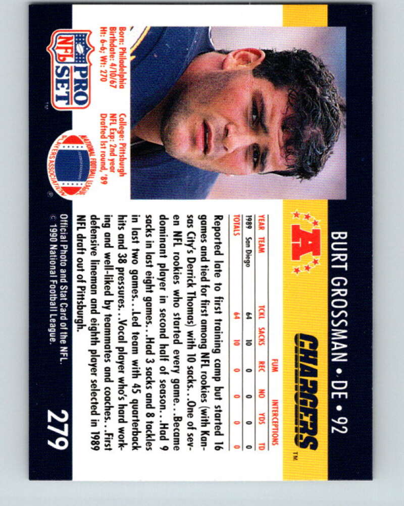 1990 Pro Set #279 Burt Grossman Mint San Diego Chargers Image 2