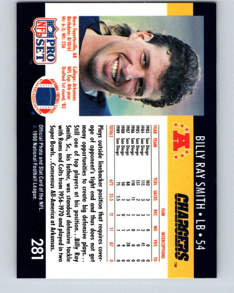 1990 Pro Set #281 Billy Ray Smith Mint San Diego Chargers Image 2