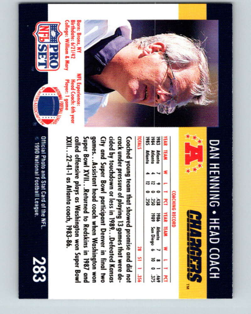 1990 Pro Set #283 Dan Henning Mint San Diego Chargers Image 2