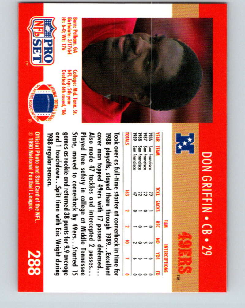 1990 Pro Set #288 Don Griffin Mint San Francisco 49ers Image 2