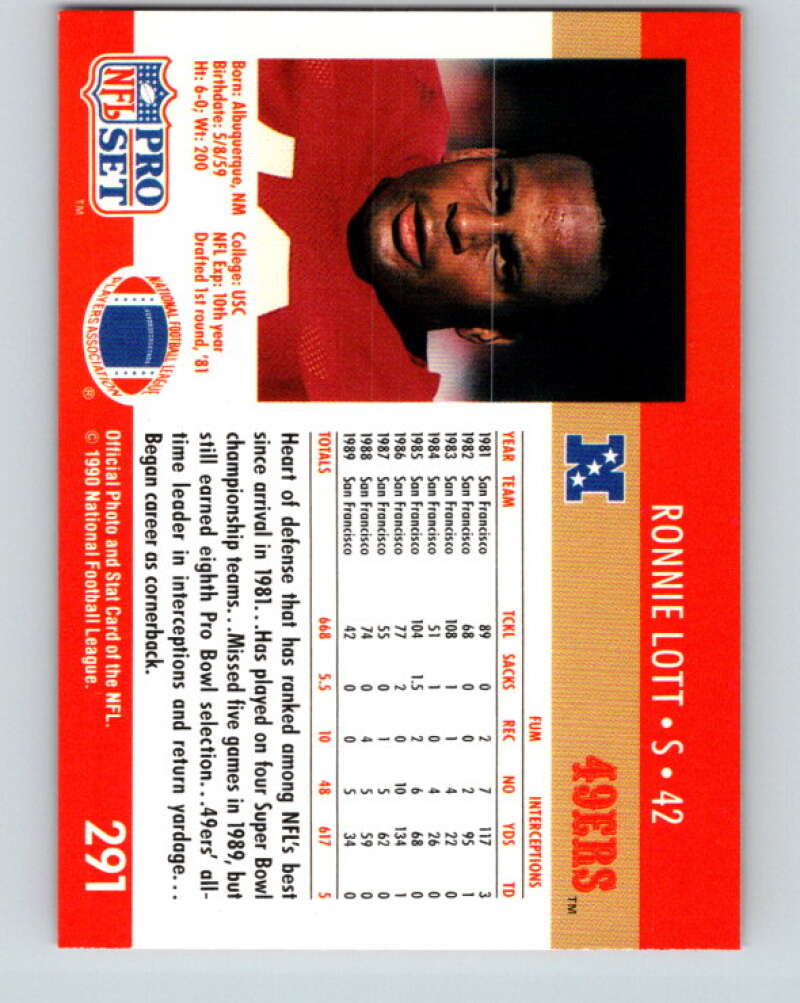 1990 Pro Set #291 Ronnie Lott Mint San Francisco 49ers