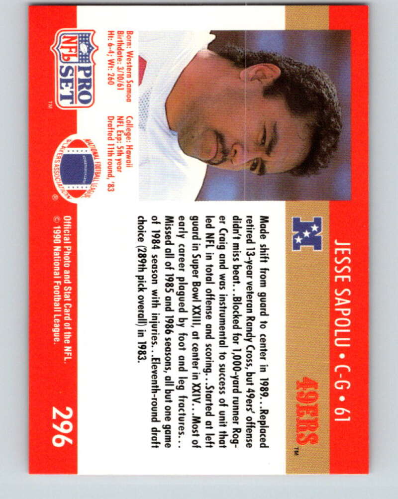 1990 Pro Set #296 Jesse Sapolu Mint RC Rookie San Francisco 49ers Image 2