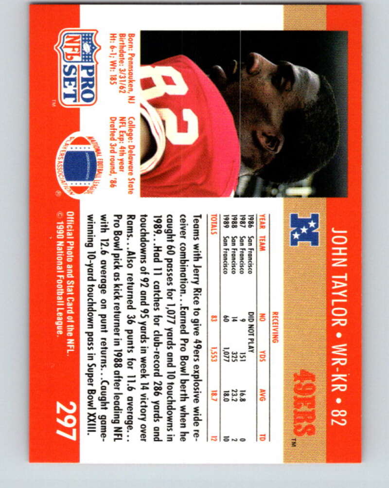 1990 Pro Set #297 John Taylor Mint San Francisco 49ers Image 2