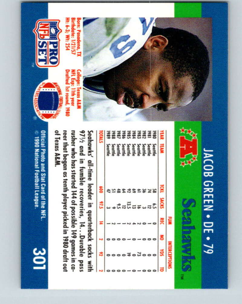 1990 Pro Set #301 Jacob Green Mint Seattle Seahawks Image 2