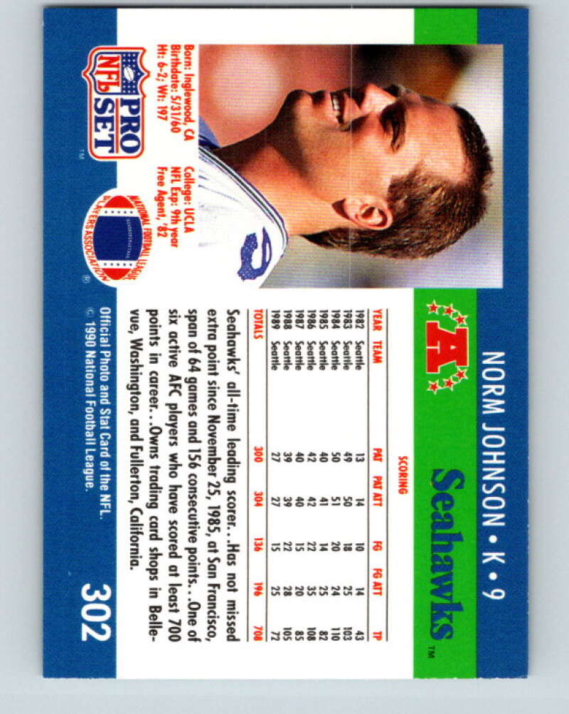 1990 Pro Set #302 Norm Johnson Mint Seattle Seahawks Image 2