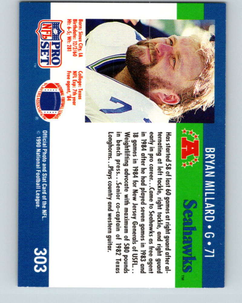 1990 Pro Set #303 Bryan Millard Mint Seattle Seahawks Image 2