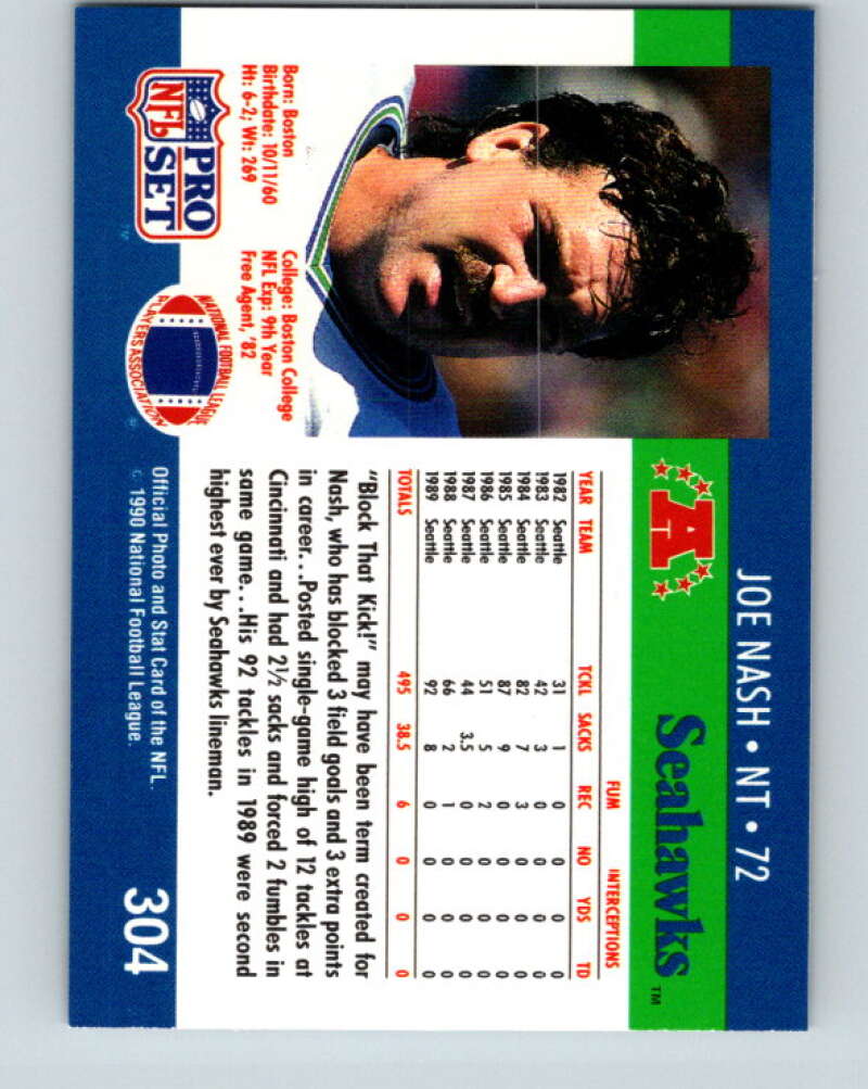 1990 Pro Set #304 Joe Nash Mint Seattle Seahawks Image 2