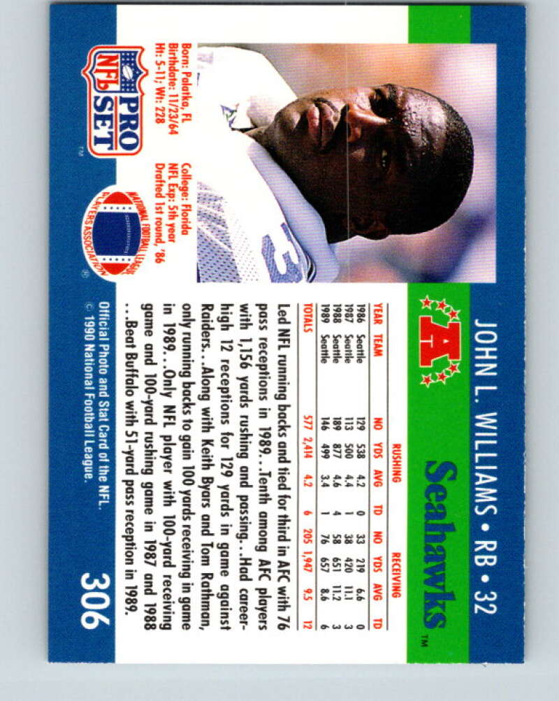 1990 Pro Set #306 John L. Williams Mint Seattle Seahawks Image 2