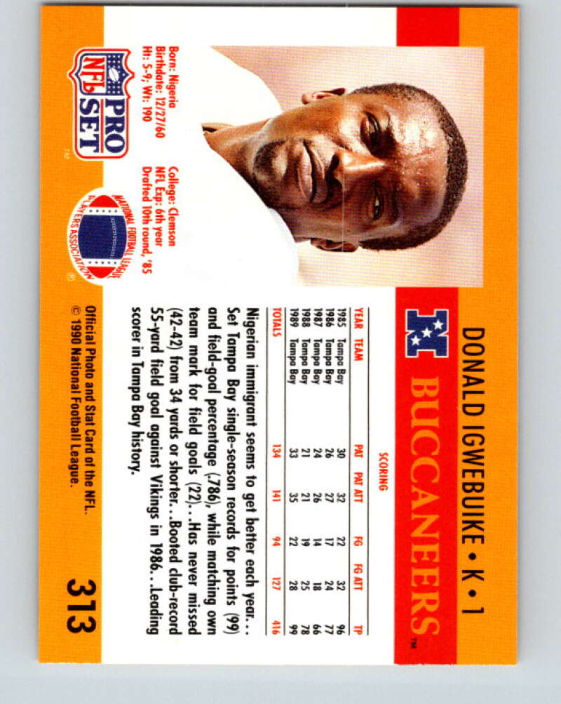 1990 Pro Set #313 Donald Igwebuike Mint Tampa Bay Buccaneers Image 2