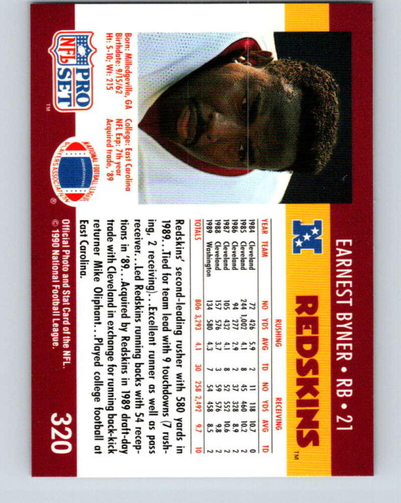 1990 Pro Set #320 Earnest Byner Mint Washington Redskins Image 2