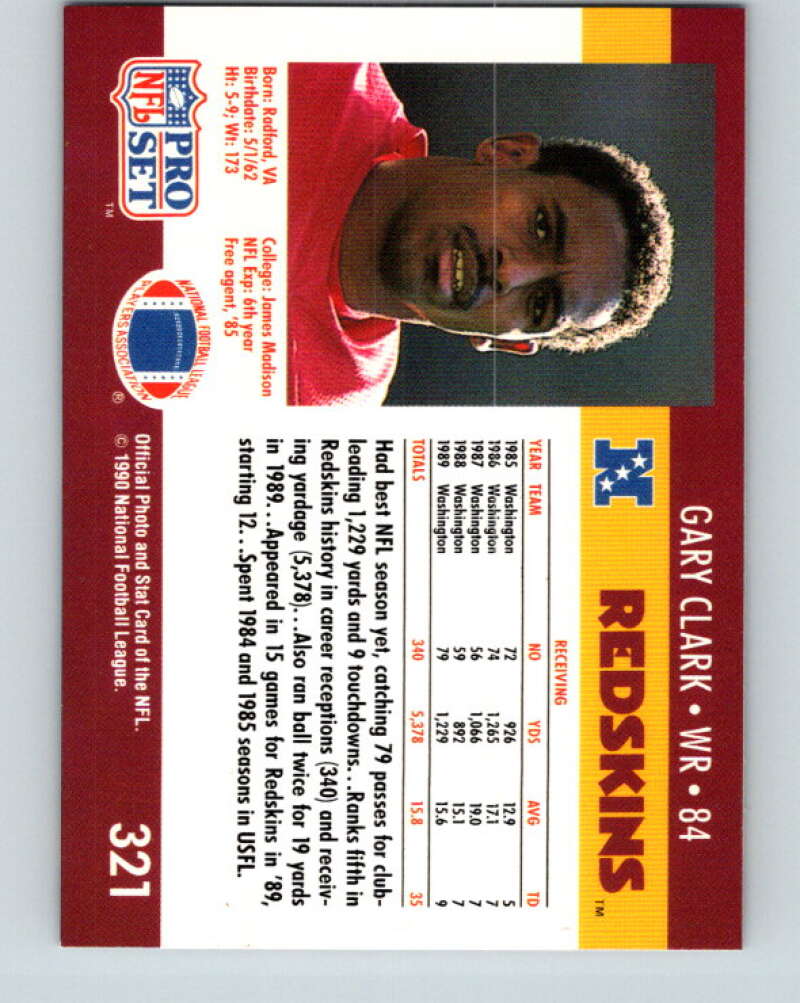 1990 Pro Set #321 Gary Clark Mint Washington Redskins Image 2