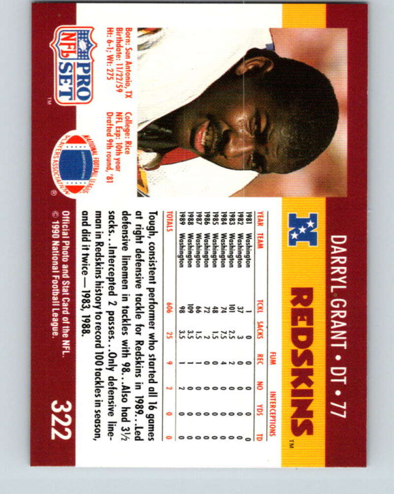 1990 Pro Set #322 Darryl Grant Mint Washington Redskins Image 2