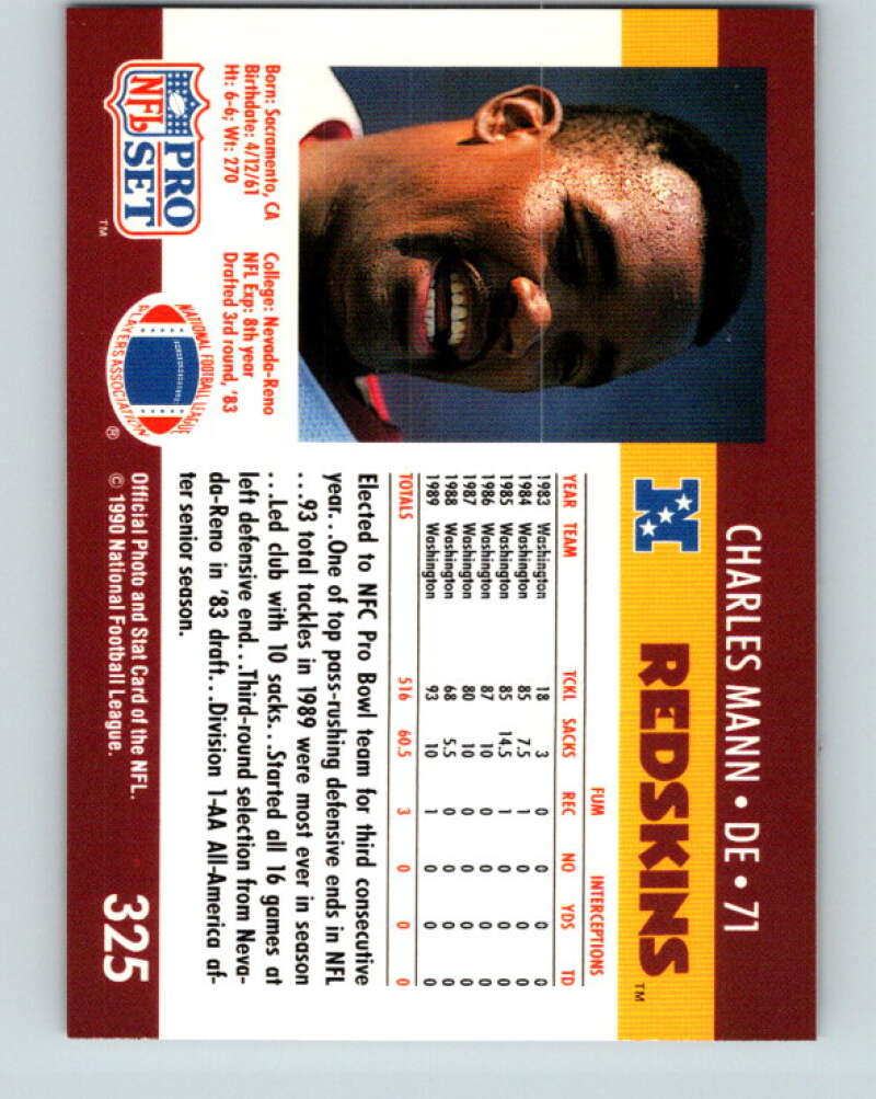 1990 Pro Set #325 Charles Mann Mint Washington Redskins Image 2