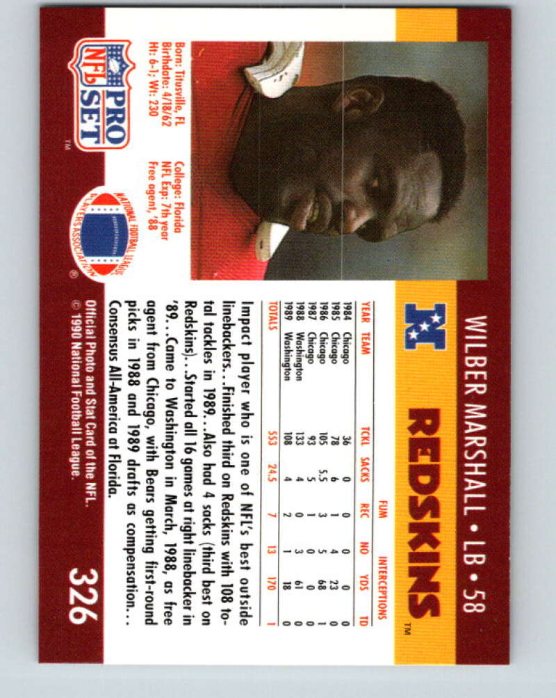 1990 Pro Set #326 Wilber Marshall Mint Washington Redskins Image 2