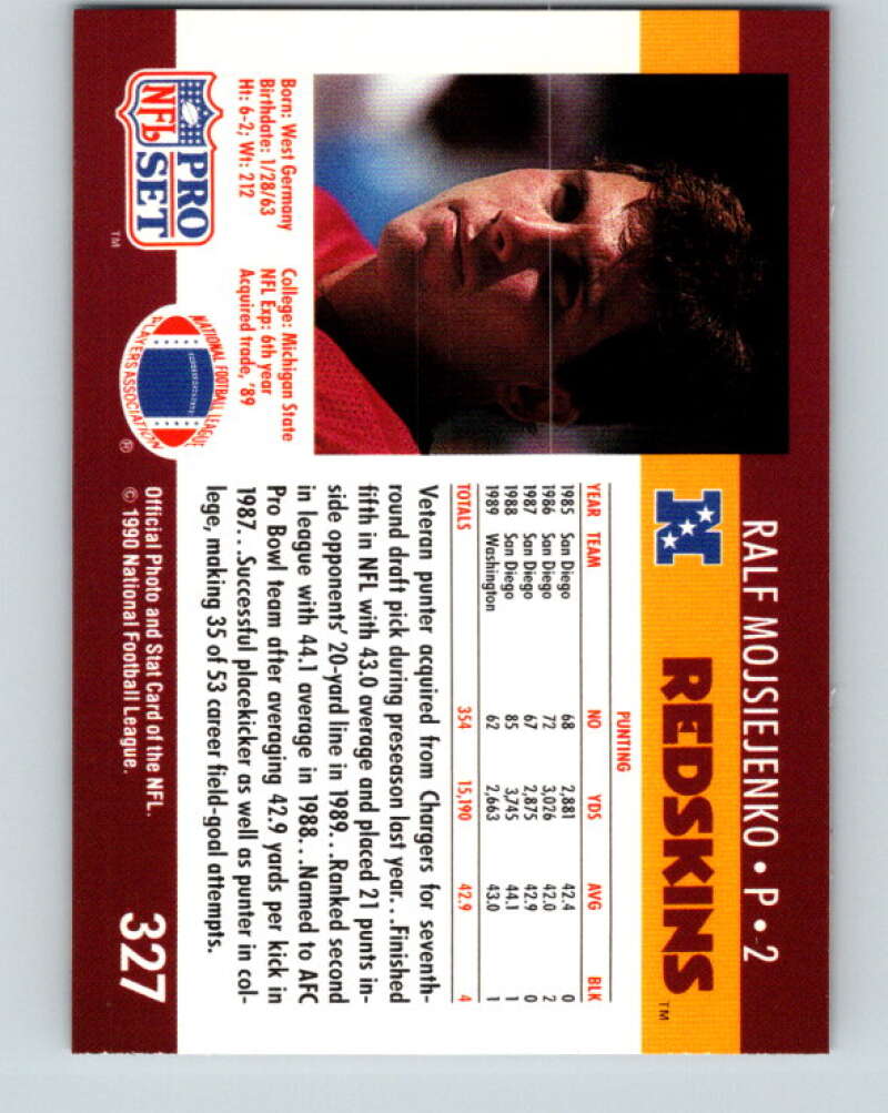 1990 Pro Set #327 Ralf Mojsiejenko Mint Washington Redskins Image 2