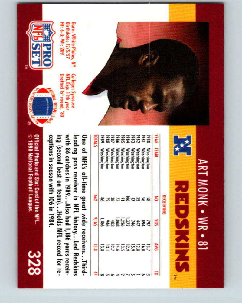 1990 Pro Set #328 Art Monk Mint Washington Redskins Image 2