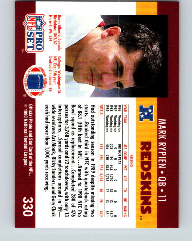 1990 Pro Set #330 Mark Rypien Mint Washington Redskins Image 2