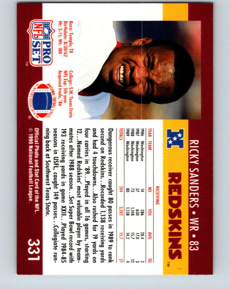 1990 Pro Set #331 Ricky Sanders Mint Washington Redskins Image 2