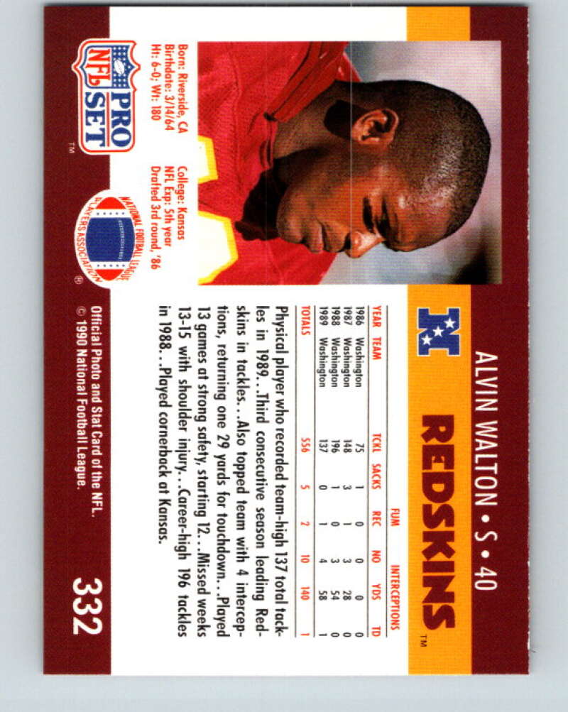 1990 Pro Set #332 Alvin Walton Mint Washington Redskins Image 2