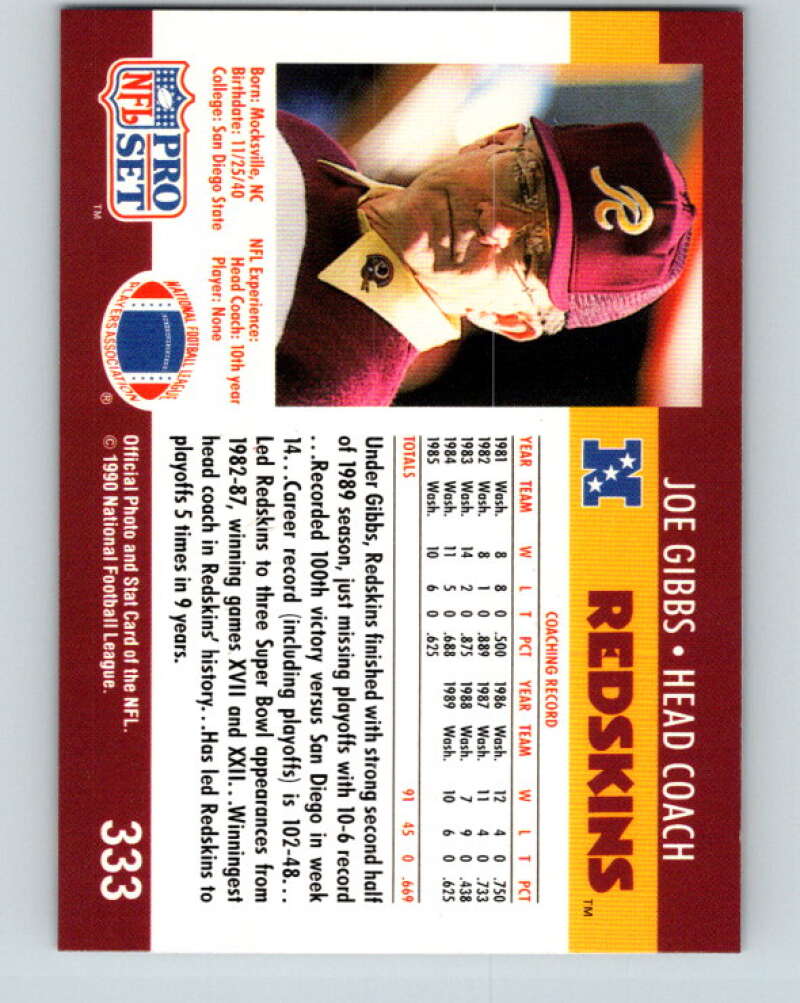 1990 Pro Set #333 Joe Gibbs Mint Washington Redskins Image 2