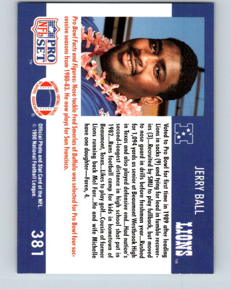 1990 Pro Set #381 Jerry Ball Mint Detroit Lions Image 2