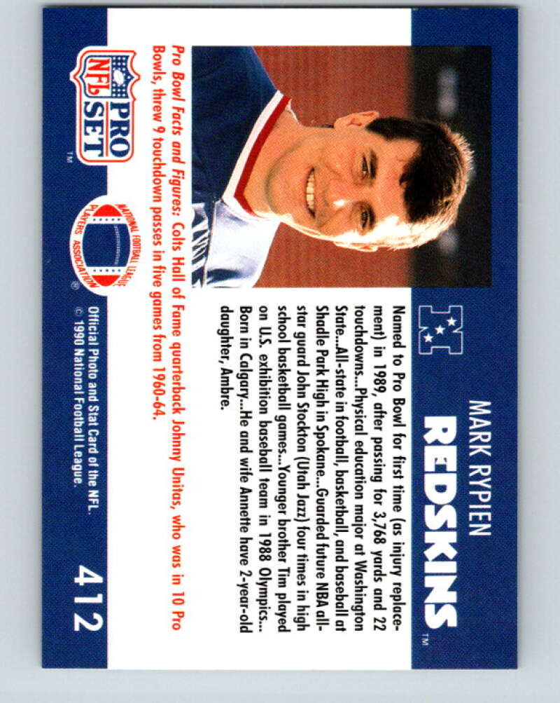 1990 Pro Set #412 Mark Rypien Mint Washington Redskins Image 2