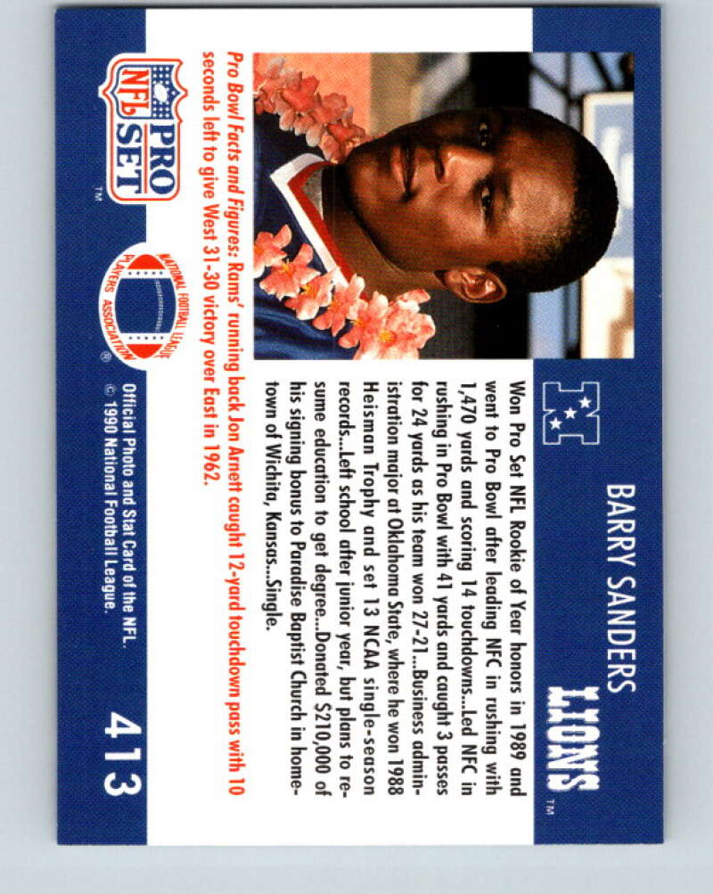 1990 Pro Set #413 Barry Sanders Mint Detroit Lions Image 2
