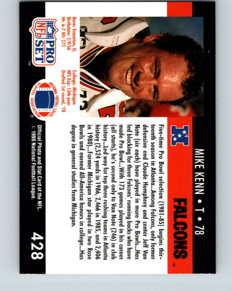 1990 Pro Set #428 Mike Kenn Mint Atlanta Falcons Image 2