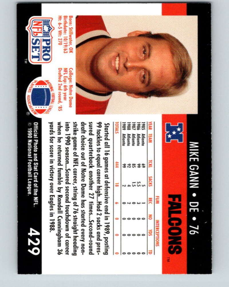 1990 Pro Set #429 Mike Gann Mint Atlanta Falcons Image 2