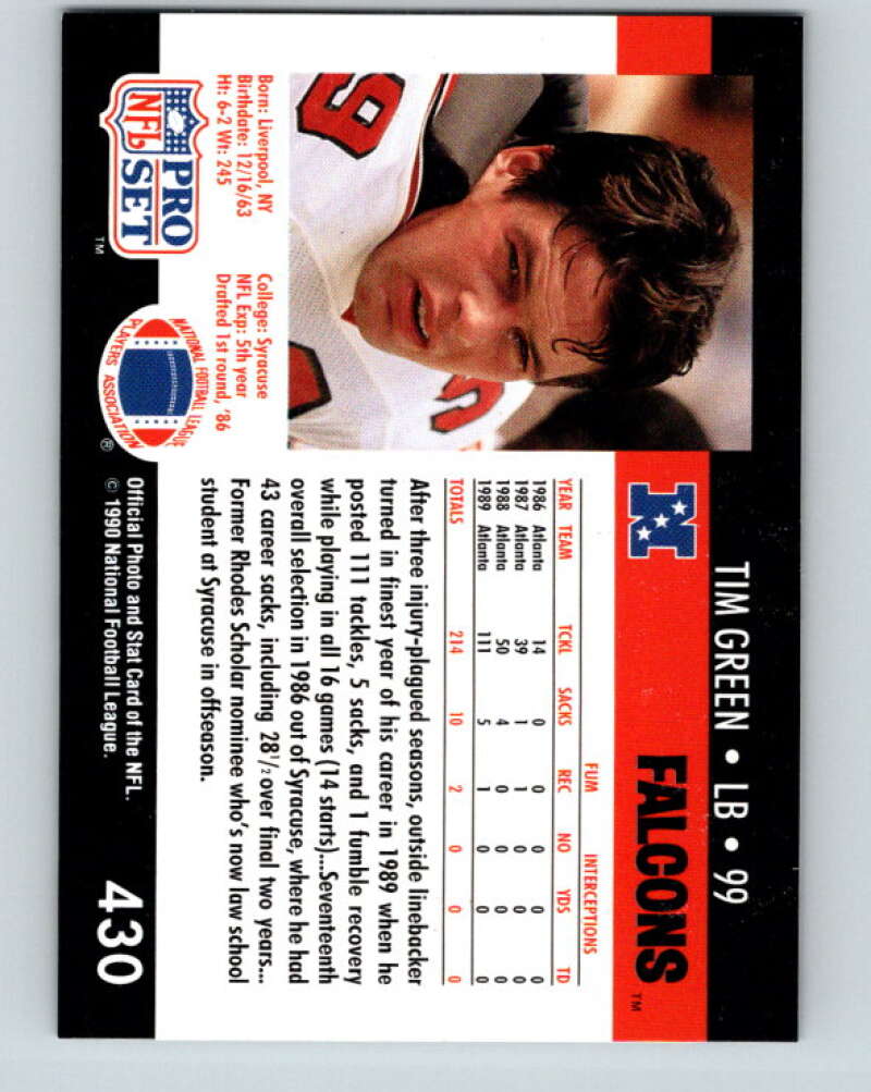 1990 Pro Set #430 Tim Green Mint RC Rookie Atlanta Falcons Image 2