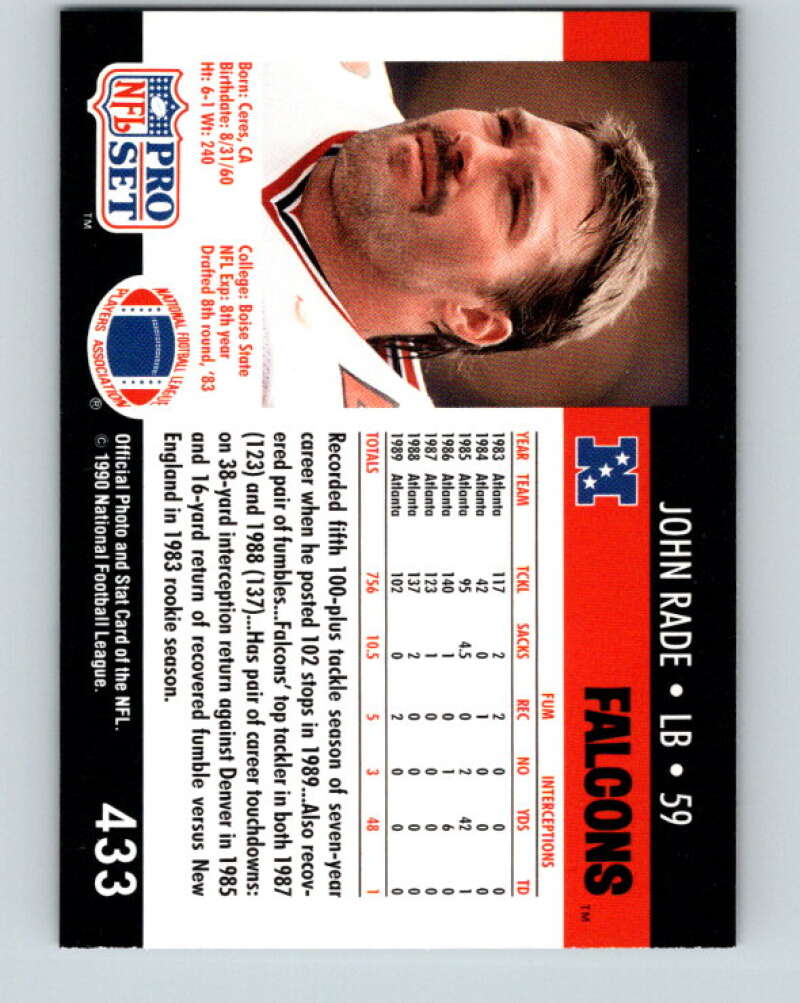 1990 Pro Set #433 John Rade Mint Atlanta Falcons Image 2
