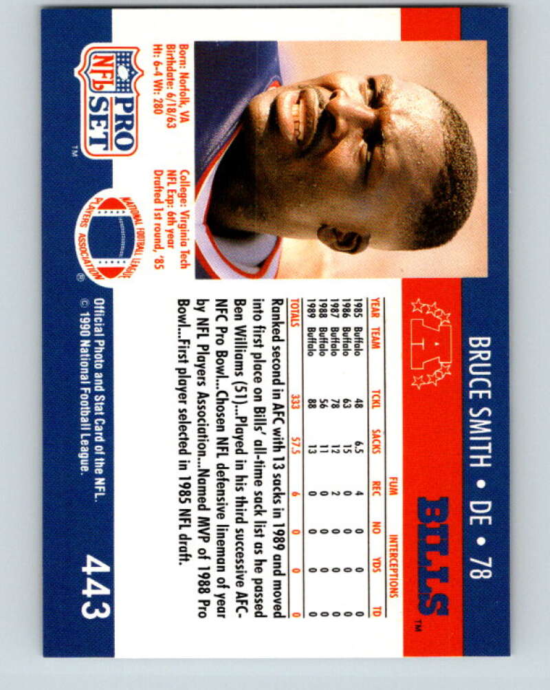 1990 Pro Set #443 Bruce Smith Mint Buffalo Bills Image 2