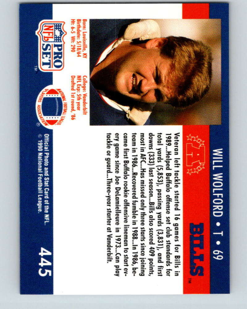 1990 Pro Set #445 Will Wolford Mint Buffalo Bills Image 2