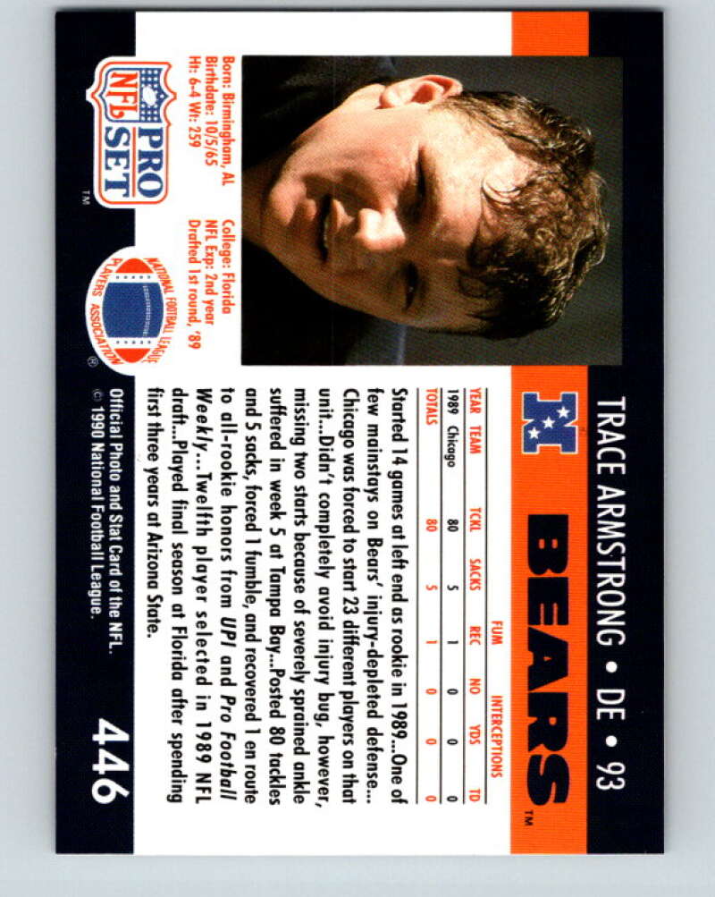 1990 Pro Set #446 Trace Armstrong Mint Chicago Bears Image 2