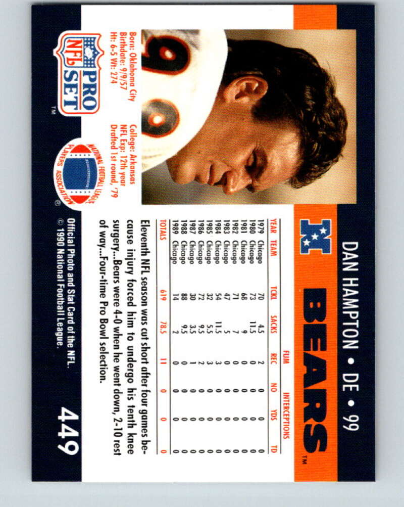 1990 Pro Set #449 Dan Hampton Mint Chicago Bears Image 2