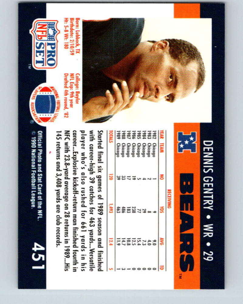 1990 Pro Set #451 Dennis Gentry Mint Chicago Bears Image 2