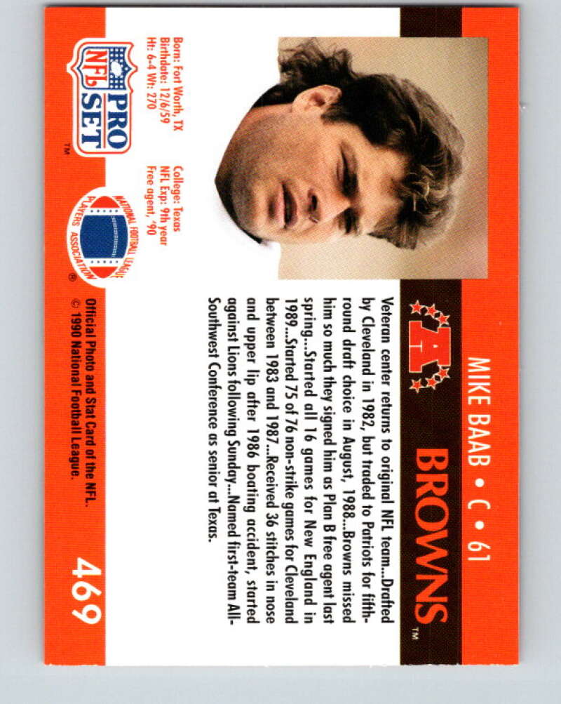 1990 Pro Set #469 Mike Baab Mint Cleveland Browns Image 2