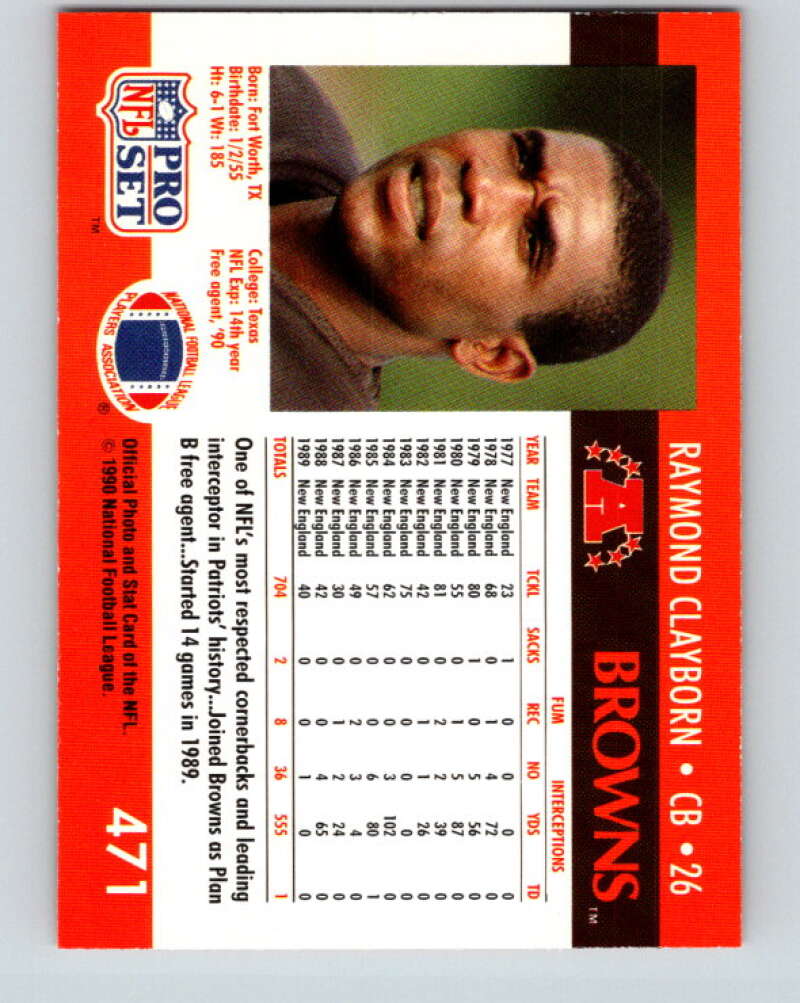 1990 Pro Set #471 Raymond Clayborn Mint Cleveland Browns Image 2