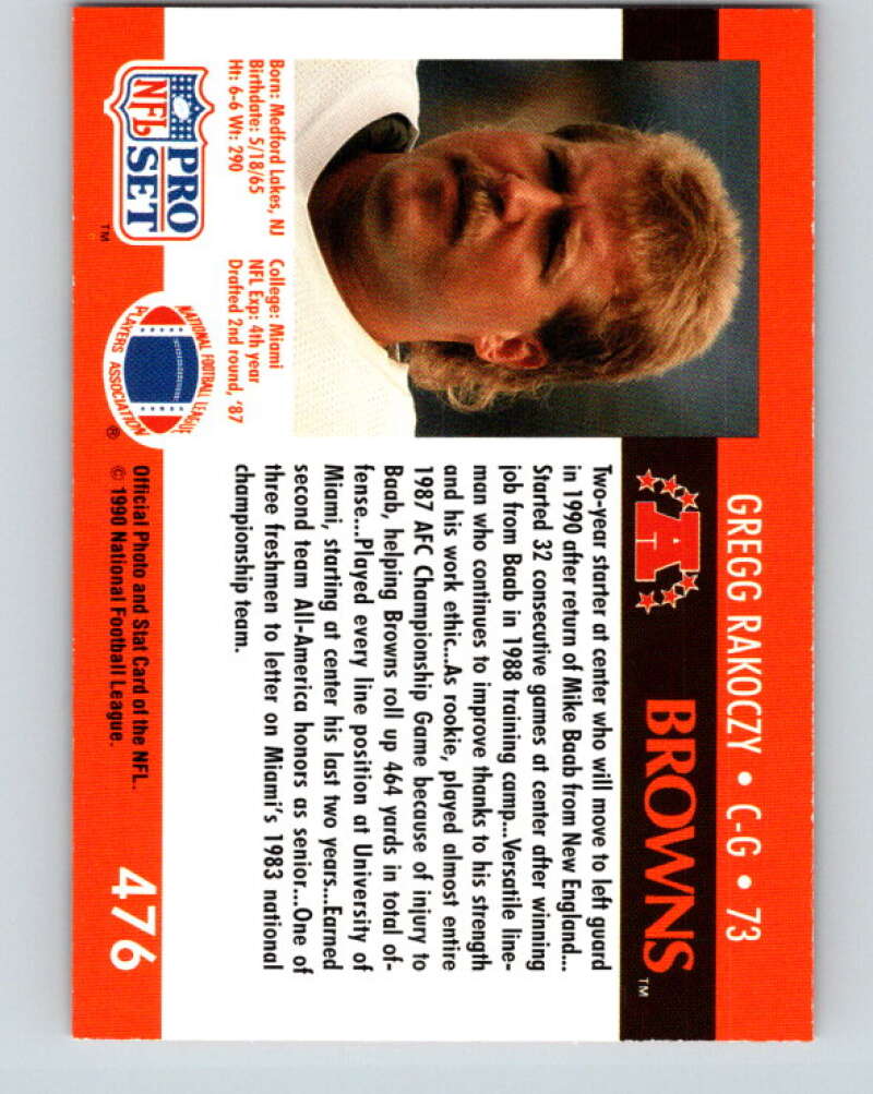 1990 Pro Set #476 Gregg Rakoczy Mint RC Rookie Cleveland Browns Image 2