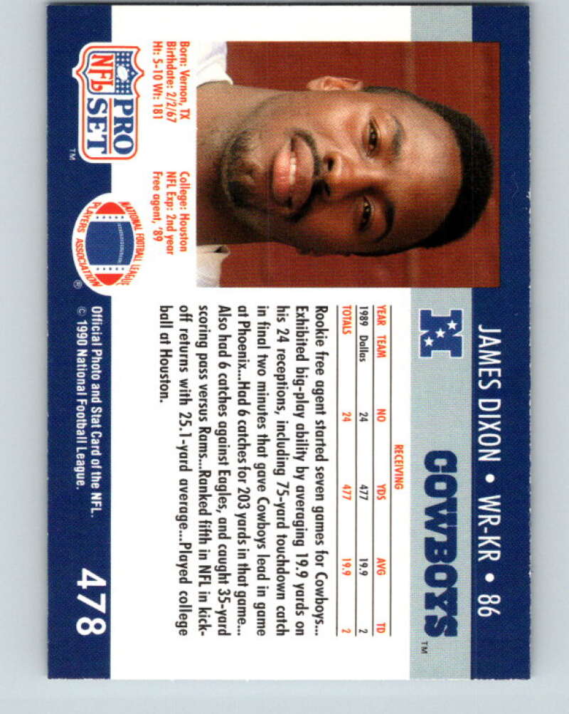 1990 Pro Set #478 James Dixon Mint RC Rookie Dallas Cowboys Image 2