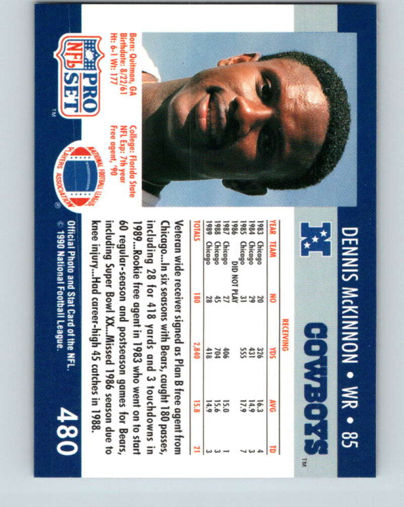 1990 Pro Set #480 Dennis McKinnon Mint Dallas Cowboys Image 2