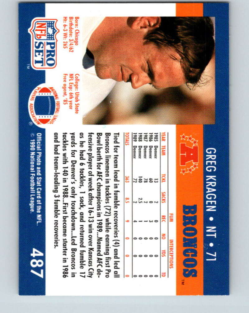 1990 Pro Set #487 Greg Kragen Mint Denver Broncos Image 2