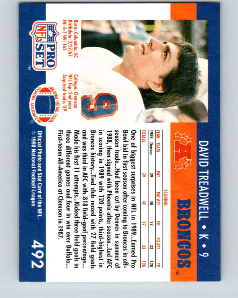 1990 Pro Set #492 David Treadwell Mint Denver Broncos Image 2